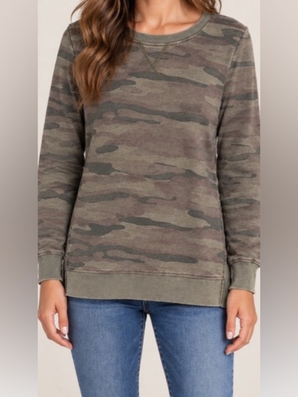 WallFlower Camo Print Crewneck Long Sleeve Sweatshirt Olive Green
